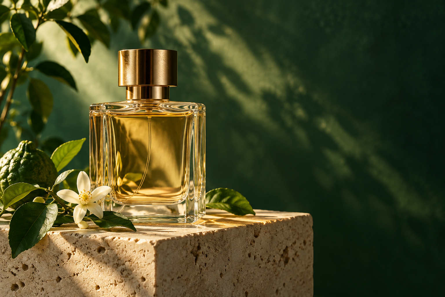 فضای هنری عطر با شیشه، نور طلایی و برگهای سبز